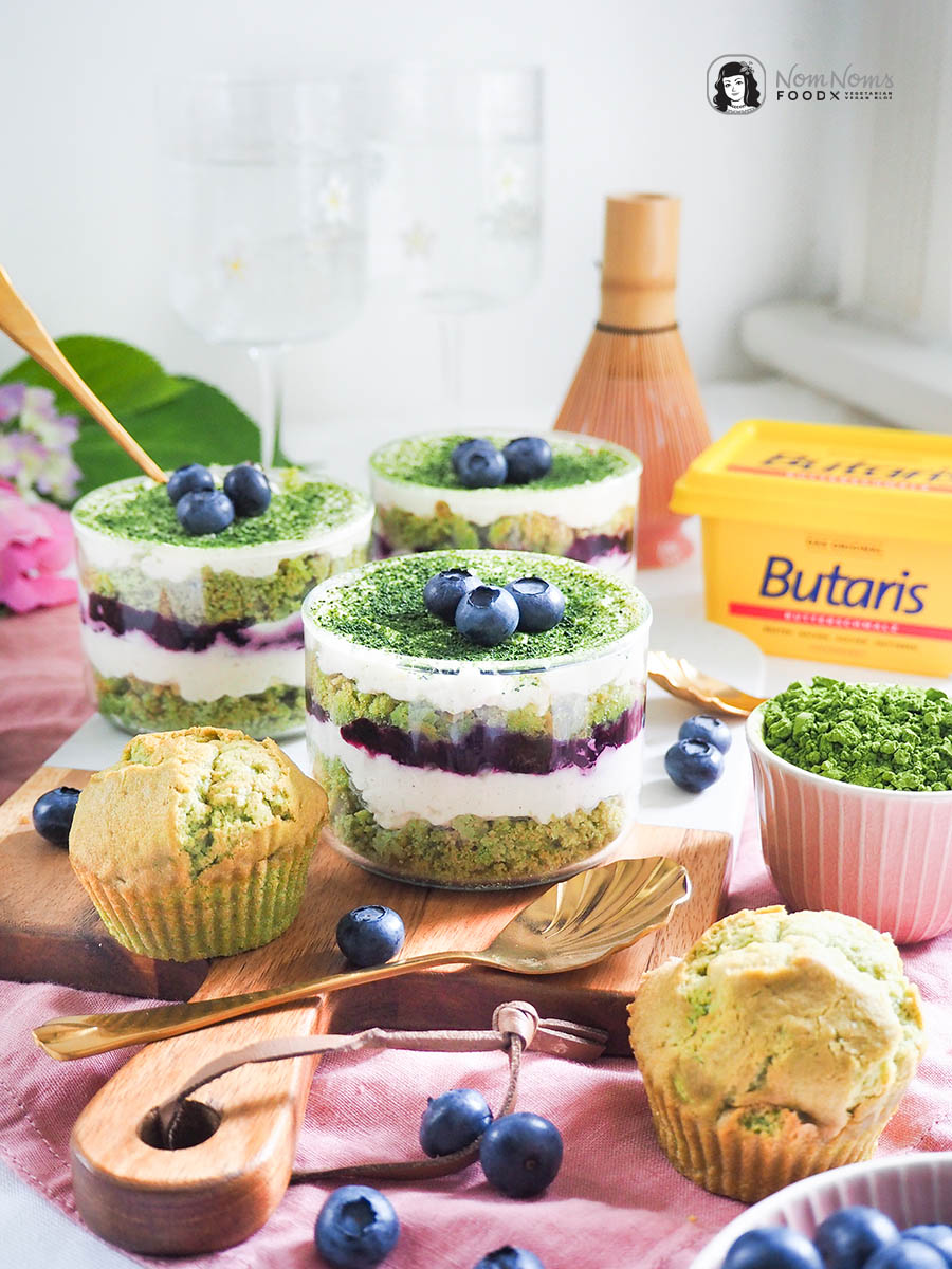 Matcha-Blaubeer-Tiramisu im Glas mit Matcha-Muffins aus dem Airfyer Backen mit Butterschmalz