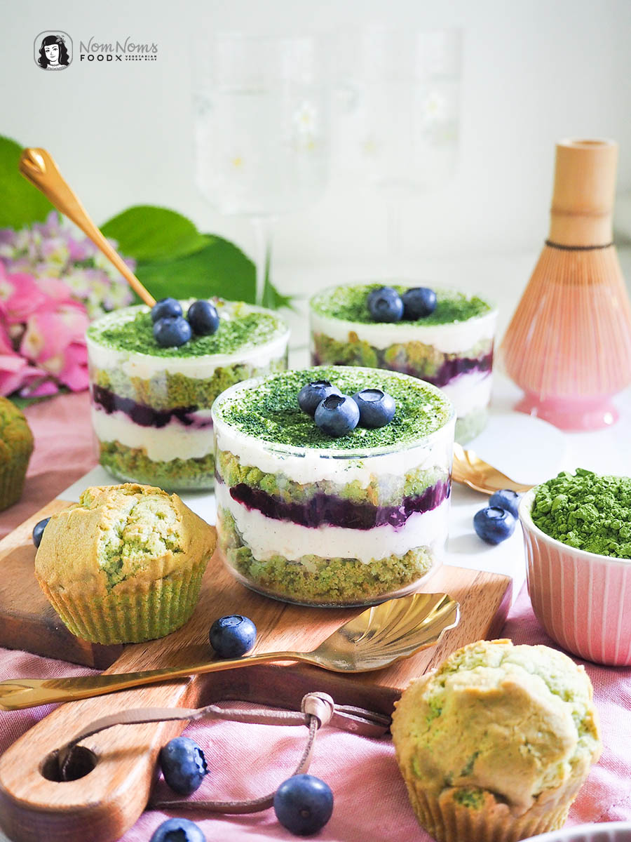 Matcha-Blaubeer-Tiramisu im Glas mit Matcha-Muffins aus dem Airfyer Backen mit Butterschmalz